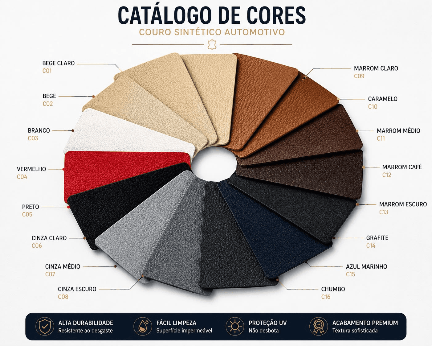 Catálogo de cores de couro sintético automotivo